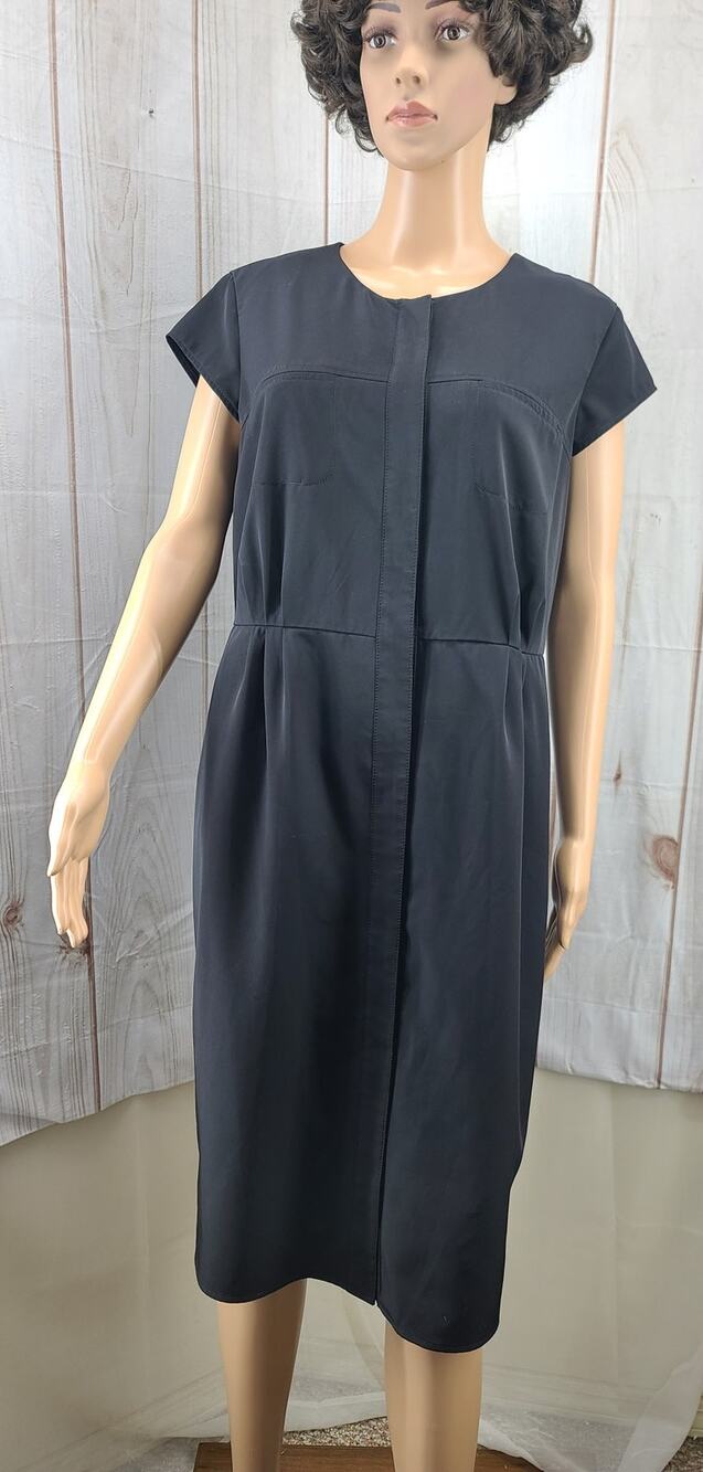 Calvin Klein Black Cap Sleeves Dress Hidden Button Front Closure Full Lined Midi